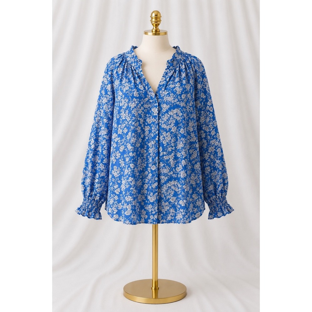 New TWRHLL Christie Brinkley Blouse Pullover‎ Top 3X Blue Floral V-Neck Smocked